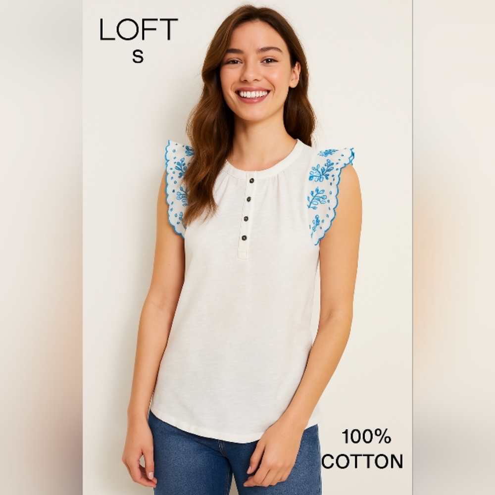 Loft Women's White Embroidered Cotton Top Size S